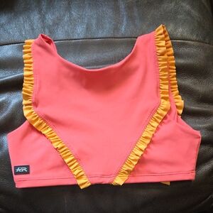 Tiger Friday, Coral and Yellow Ruffle Crop Top